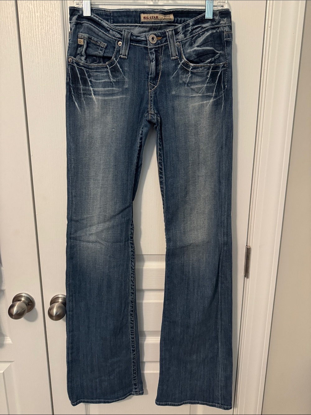 Big Star Sweet Ultra Low Rise Women's 28XL Flared Jeans Distressed Dark Blue